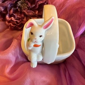Ceramic Easter Basket with Bunny Sitting on Edge